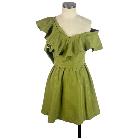 NEW JOA Off Shoulder Ruffle Dress Medium Olive Green BC5850 NWT - Picture 3 of 12
